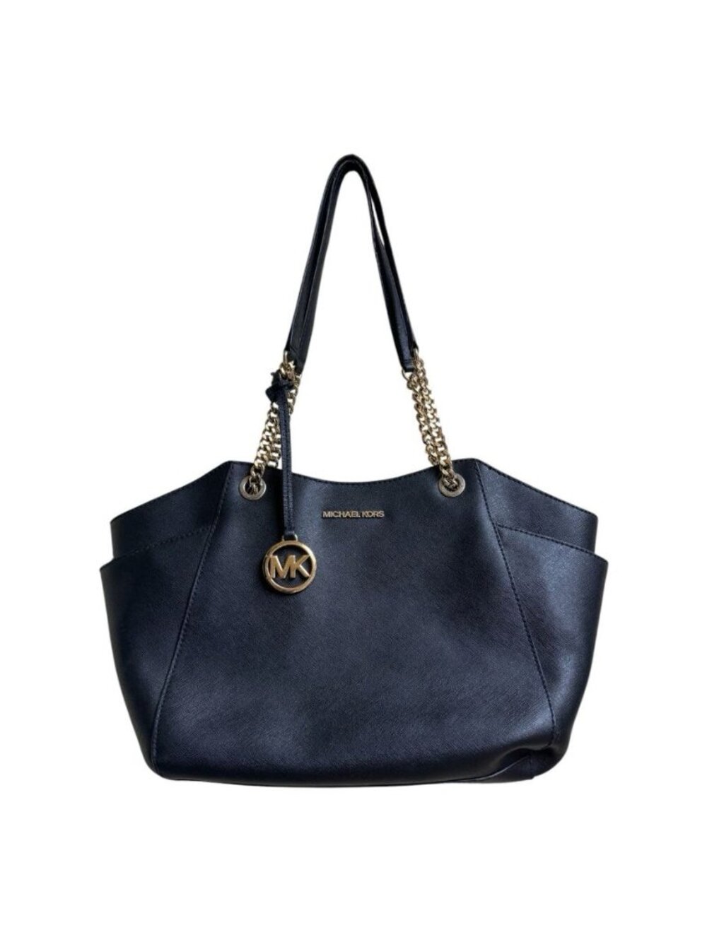 Michael Kors Black Saffiano Leather Chain Shoulder Tote Bag Gold Hardware